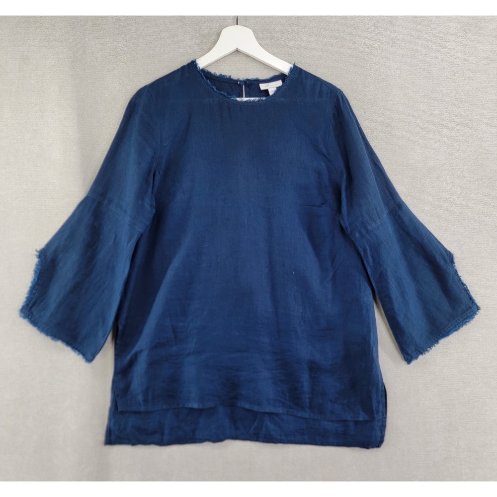 J Jill Womens Top Love Linen Raw Hem Lagenlook Tunic Size Small Blue Resort